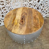 Handmade Indian Solid Wood & Metal Round Coffee Table Natural 57x57x45cm  -